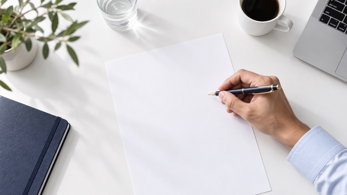 A hand holds a navy pen over a blank sheet of paper on a clean white desk.